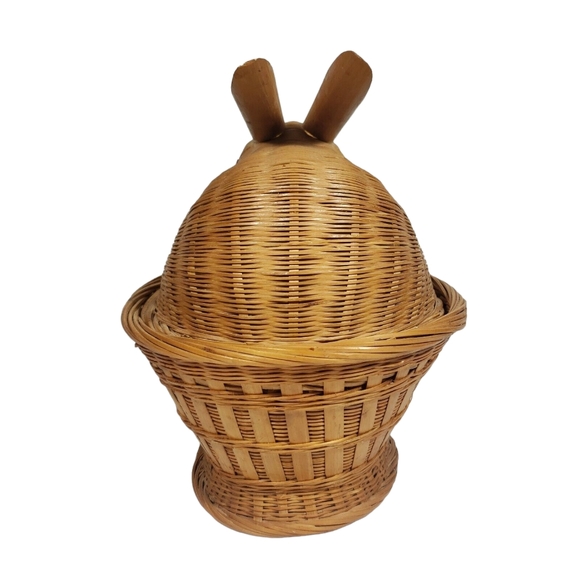 VTG Wicker Bamboo Bunny Rabbit Lidded Basket 10" Red Beady Eyes Easter Decor - Picture 5 of 8